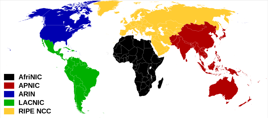 « Regional Internet Registries world map » par Rir.gif: DorkBlankMap-World6,_compact.svg: Canuckguy et al.derivative work: Sémhur (talk) — Rir.gifBlankMap-World6,_compact.svg. Sous licence CC BY-SA 3.0 via Wikimedia Commons - https://commons.wikimedia.org/wiki/File:Regional_Internet_Registries_world_map.svg#/media/File:Regional_Internet_Registries_world_map.svg